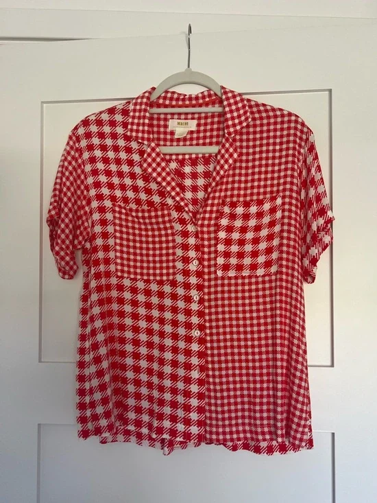 Anthropologie Red and White Gingham Button-Down Shirt by Maeve - Picture 1 of 4